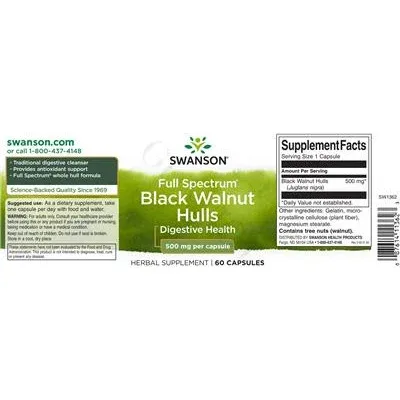Цели черни орехови черупки 500 мг / Full Spectrum Black Walnut Hulls 500 mg - Swanson