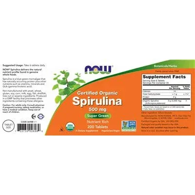 Сертифицирана органична спирулина 500 мг / Certified Organic Spirulina 500 mg - NOW