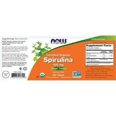 Сертифицирана органична спирулина 500 мг / Certified Organic Spirulina 500 mg - NOW