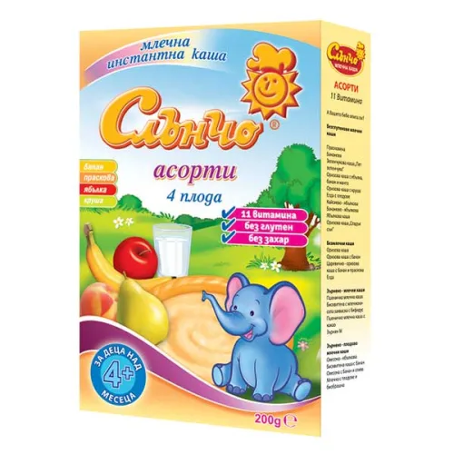 Млечна каша асорти 4 плода 4+месеца Слънчо 200гр. - Слънчо